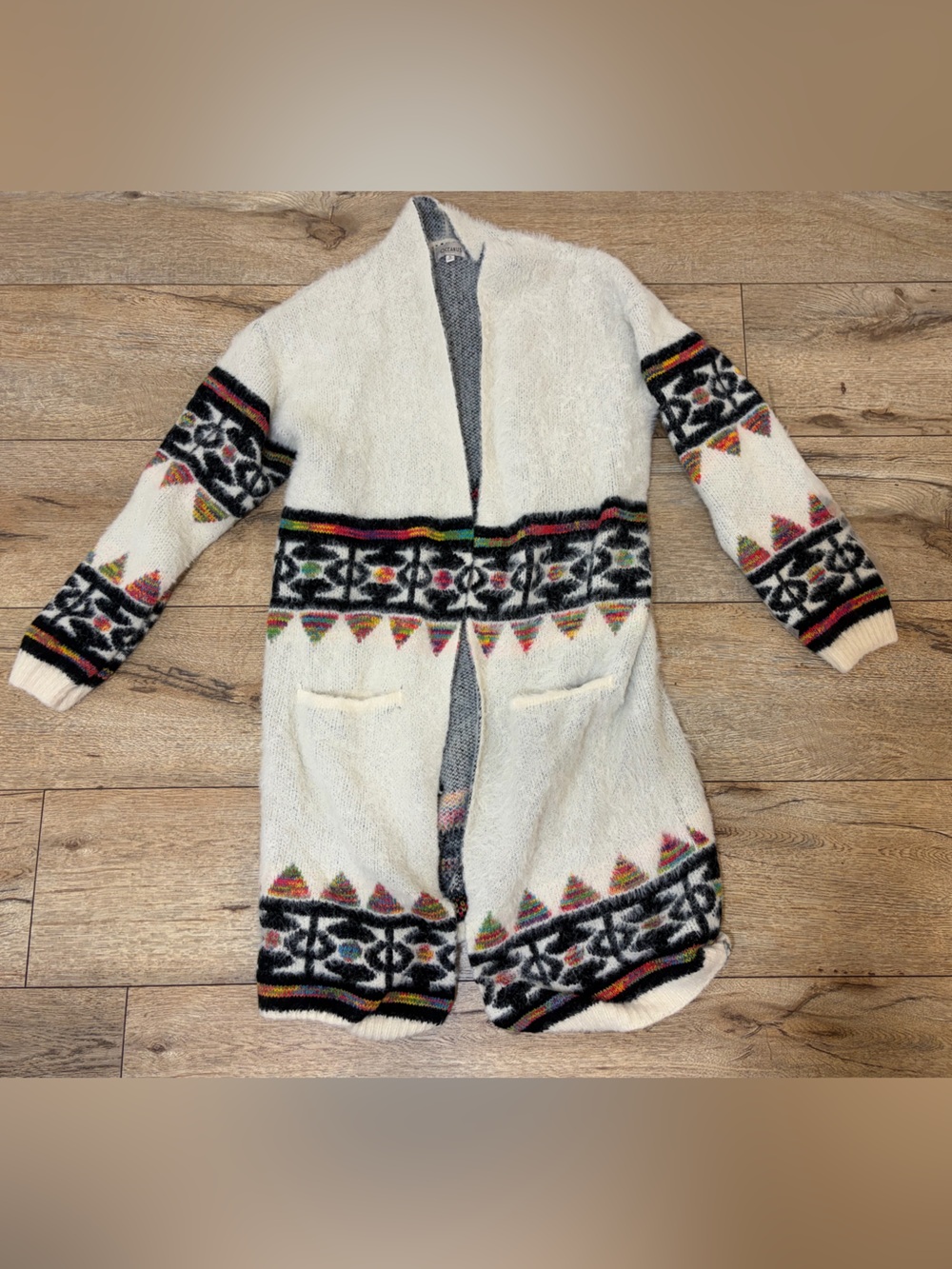 Ivory Patterned Open-Front Long Cardigan Sweater